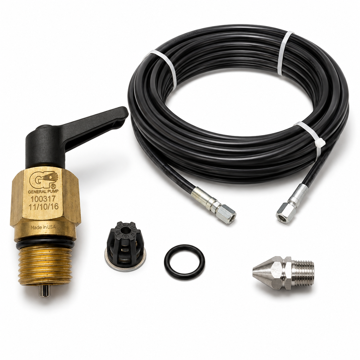 The 3650 PSI Sewer Jetter Kit with  a 3650 PSI Drain Cleaning Nozzle, a 4800 PSI Sewer Jetter Hose, a brass jetter valve with black operating lever, a
internal valve insert or cartridge, and an O-ring.
