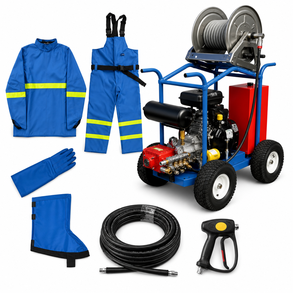 A cleaning equipment kit, including a blue high-visibility jacket, matching overalls, blue gloves, blue boots, a 10,000 PSI  black hose, a 10,000 PSI High PSI Pressure Washer, and a handheld pressure washer gun.