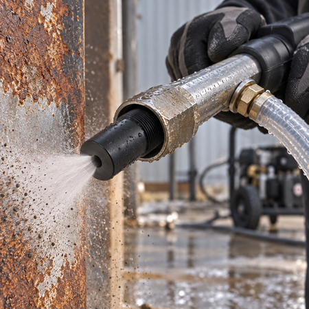 Operator using a pressure washer sandblaster attachment with a replacement carbide nozzle to blast rust off a metal beam.