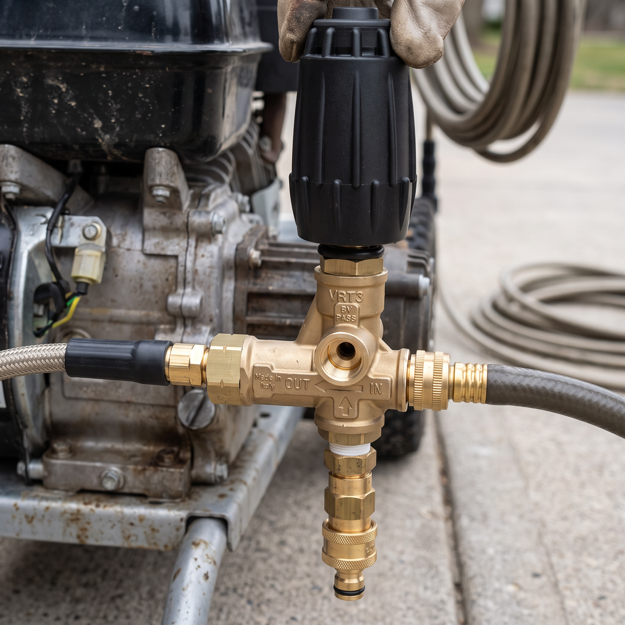 the 4500 PSI Unloader Valve attached to a pressure washer engine.