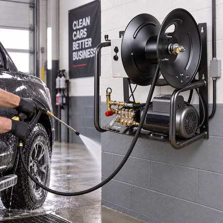 The1500 PSI Wall Mount Electric Pressure Washer installed on a gray tiled garage wall, with a person spraying water from a hose connected to a black car.