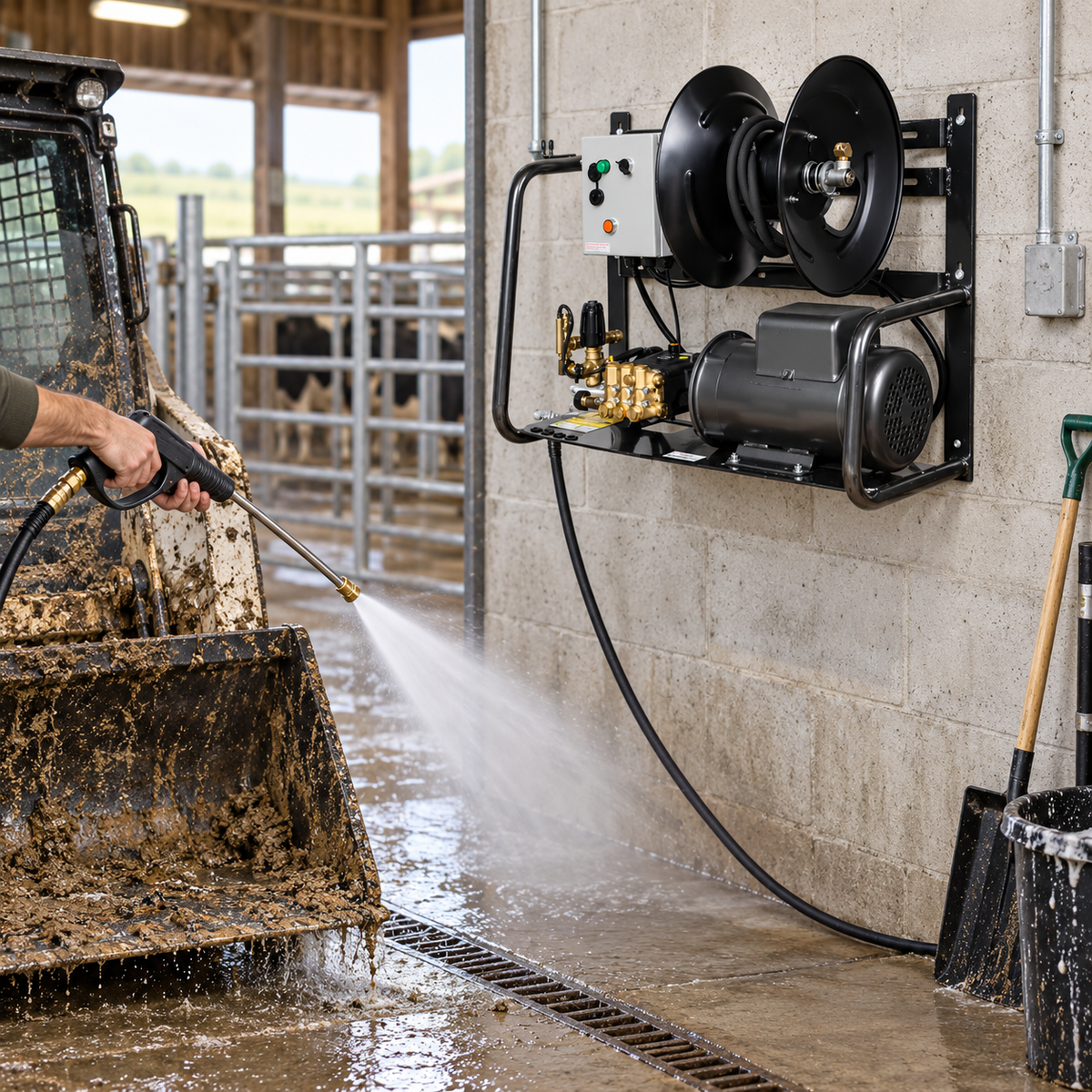 the 2000 PSI Wall Mounted Power Washer is being used to rinse a muddy farm vehicle inside a barn. 